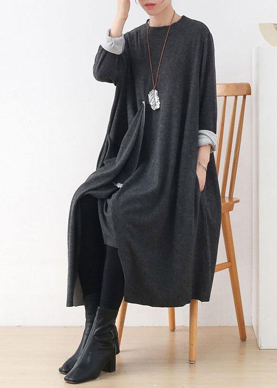 French Grey O-neck Patchwork Fall Dress Long Sleeve