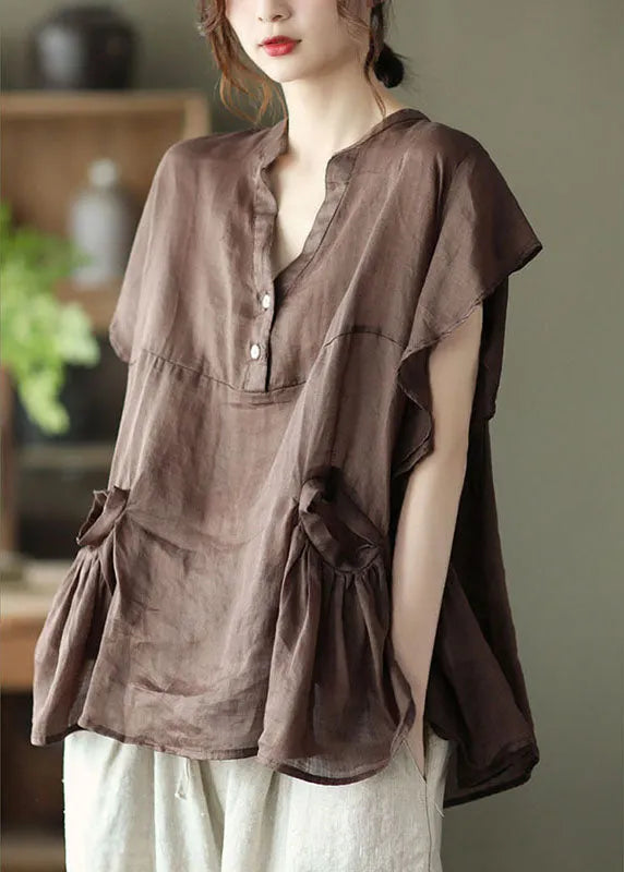Chocolate Retro Loose Pockets Fall Shirt Tops Short Sleeve