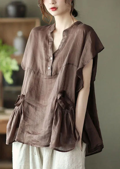 Chocolate Retro Loose Pockets Fall Shirt Tops Short Sleeve