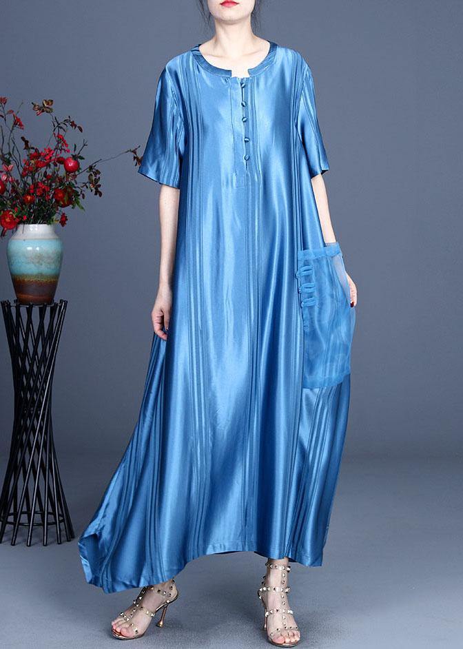 Chocolate Button Design Pockets Summer Silk Ankle Dress