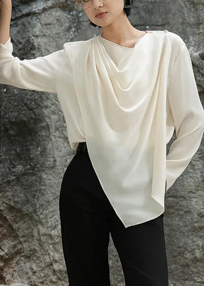 Apricot Asymmetrical Wrinkled Cotton Shirts O-neck