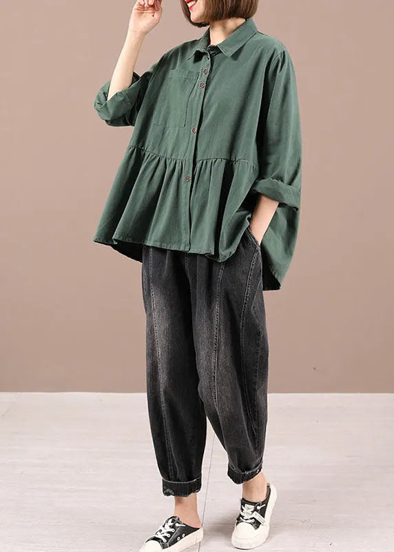 Art Green Peterpan Collar Button Pockets Fall Patchwork Shirts Long Sleeve