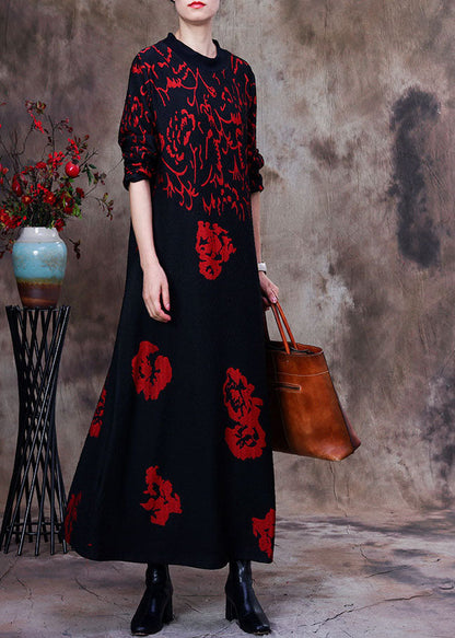 Classy Black Print Slim Fit Cotton Holiday Dress Spring