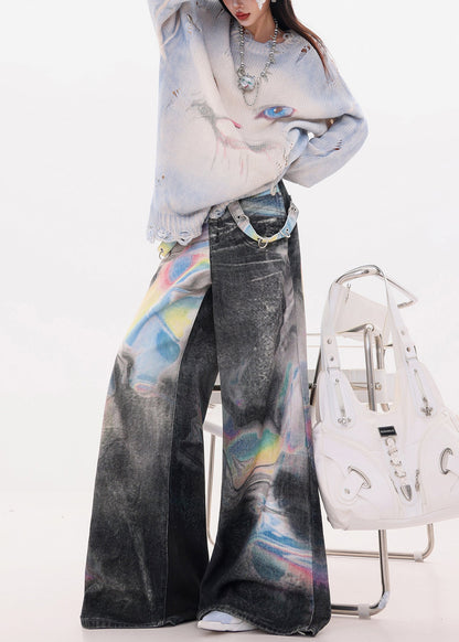 Black Oversized Tie Dye Denim Wide Leg Pants Fall
