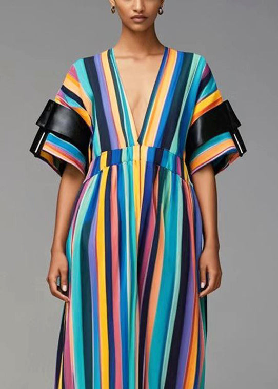 Rainbow Deep-v Neck Striped Cotton Dresses Summer
