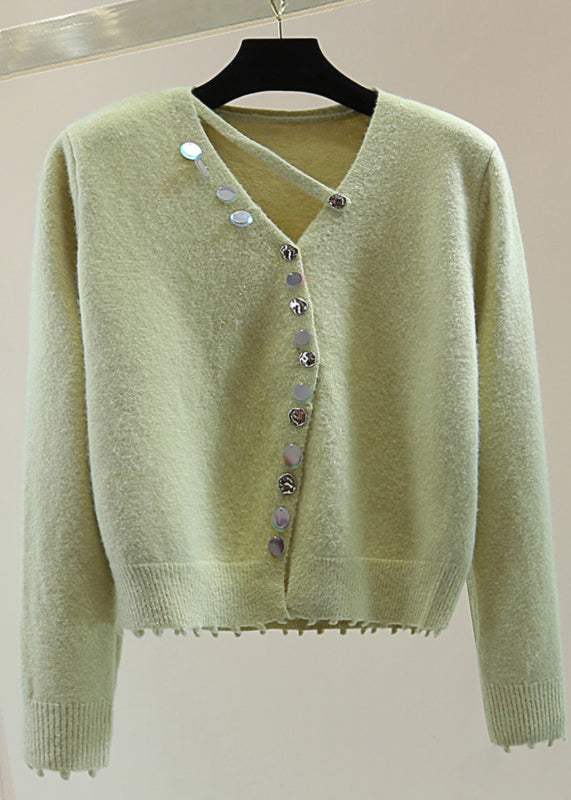 Mulberry V Neck Asymmetrical Sequins Cotton Knit Sweaters Spring