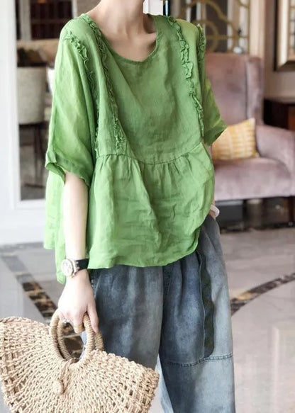 Italian Green O-neck Ruffled Patchwork Linen Tops Short Sleeve