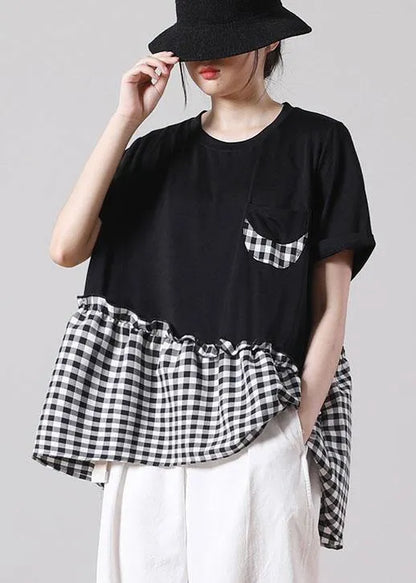 Fine Black Patchwork Asymmetrical Design Ruffled Cotton Short Sleeve Summer Shirt Top