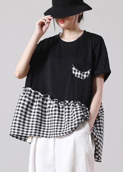 Fine Black Patchwork Asymmetrical Design Ruffled Cotton Short Sleeve Summer Shirt Top