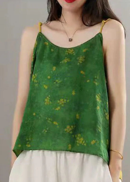 Green Print Patchwork Spaghetti Strap Tops Summer