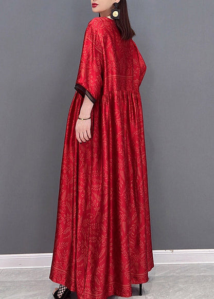 Red Chinese Style Silk Long Dress Wrinkled Short Sleeve Fall