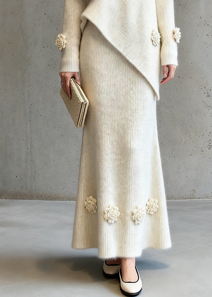 Natural Asymmetrical Cotton Knit Sweaters and a Line Skirts Two-piece Set Spring