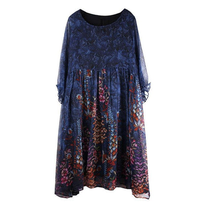 Unique Blue Print Tunic Pattern O Neck Cinched Summer Dresses