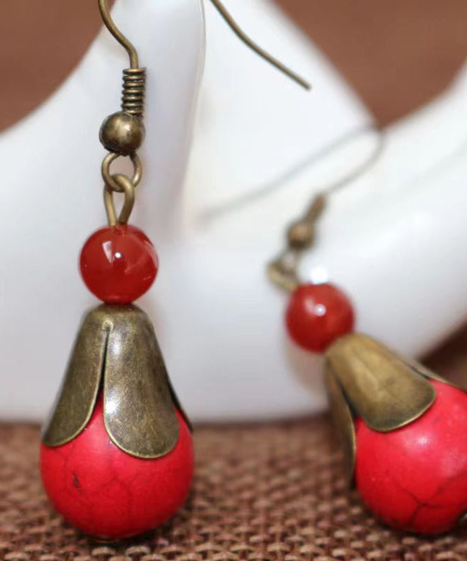 Red Turquoise Patchwork Copper Drop Earrings
