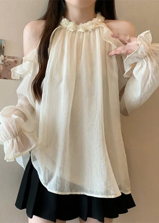 French White Cold Shoulder Chiffon Top Fall