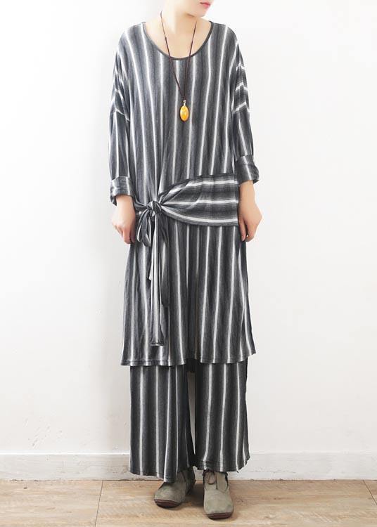 Loose Grey Striped Tie Waist Two Pieces Set Summer Cotton Dress