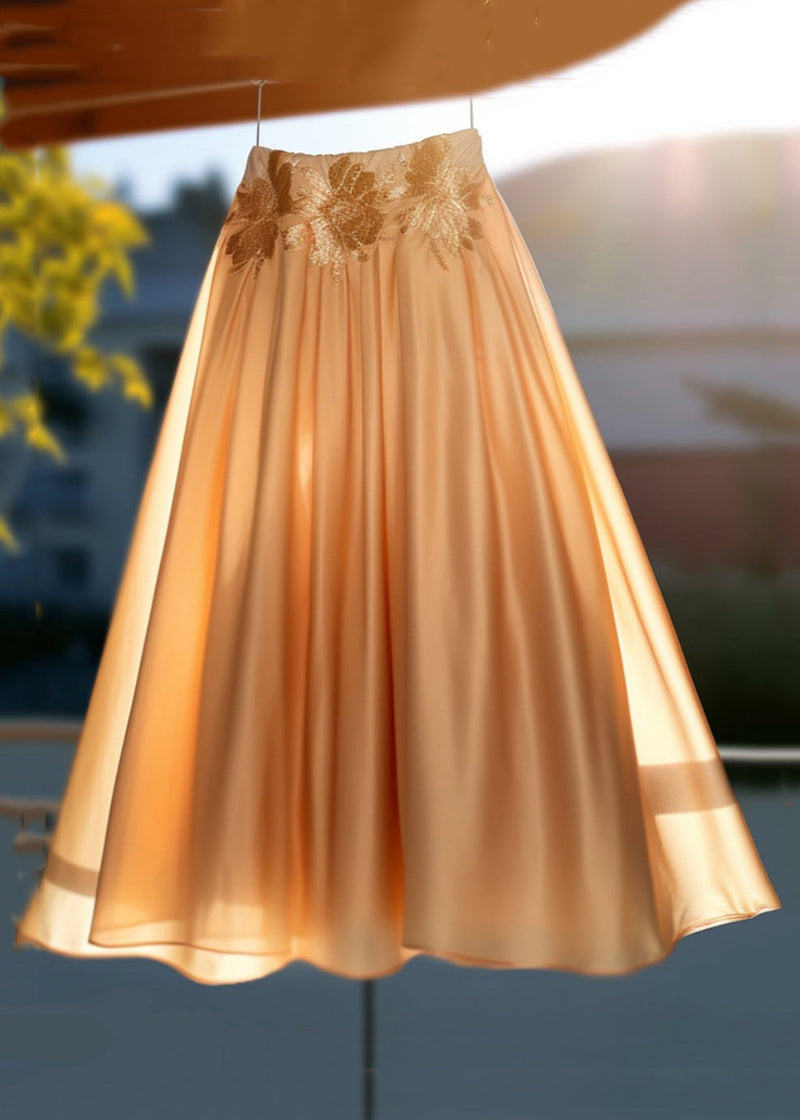 New Orange Embroidered High Waist Silk Skirt Spring