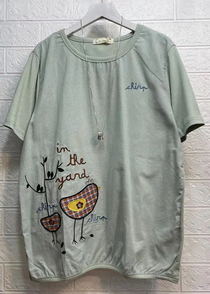 Army Green O Neck Embroideried Patchwork Cotton T Shirt Summer