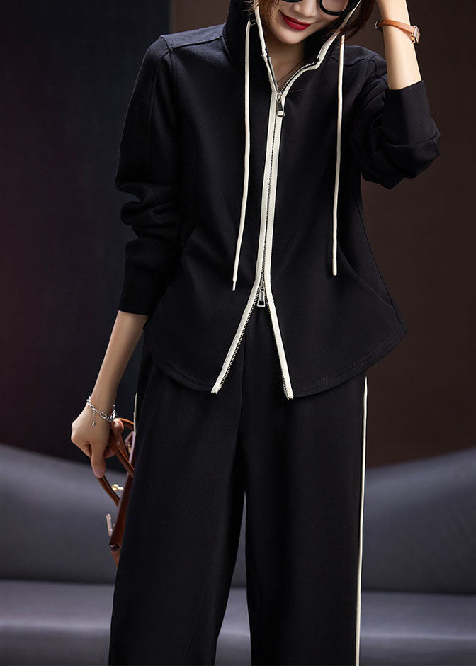 Natural Black Zippered Drawstring Patchwork Hooded Coats and Pants Two Pieces Set Long Sleeve