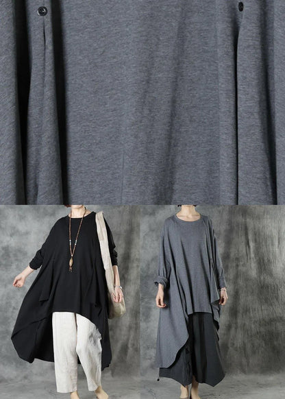 Style Grey Low High Design Button Fall Long Sleeve Shirt Tops