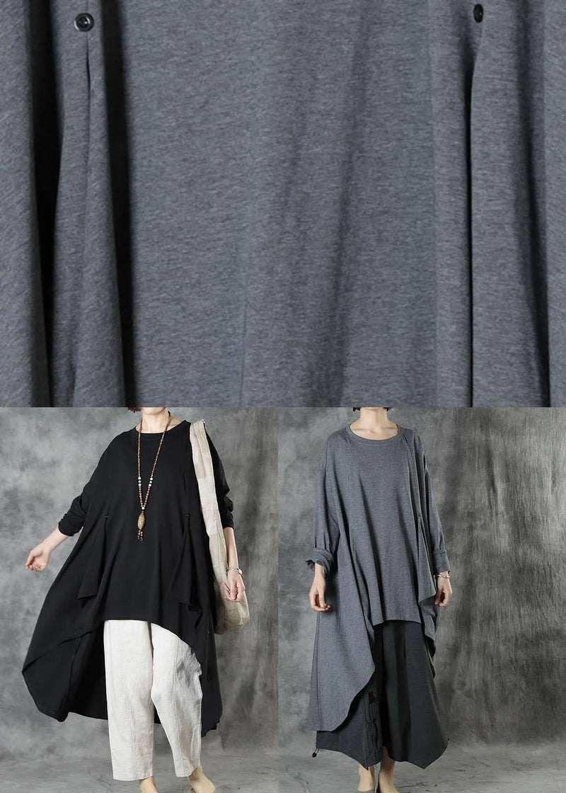 Style Grey Low High Design Button Fall Long Sleeve Shirt Tops