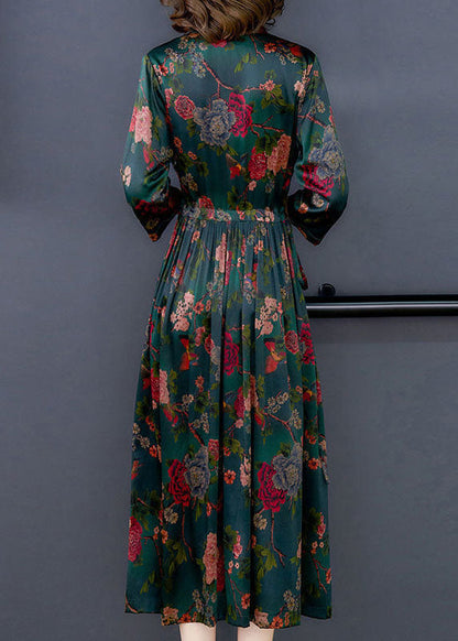 Green Cinched Print Silk Dresses Bracelet Sleeve