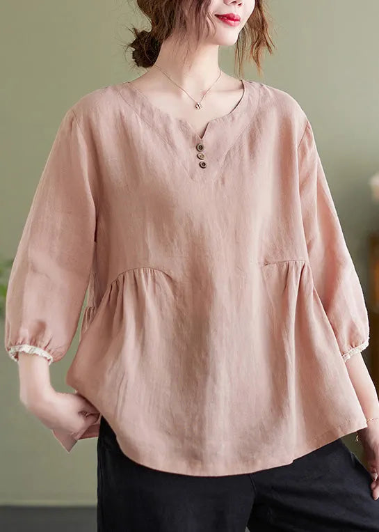 Brief Pink O-neck Wrinkled Button Top Long Sleeve