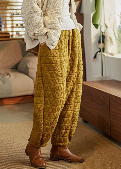 Simple Yellow Elastic Waist Cotton Filled Pants Winter