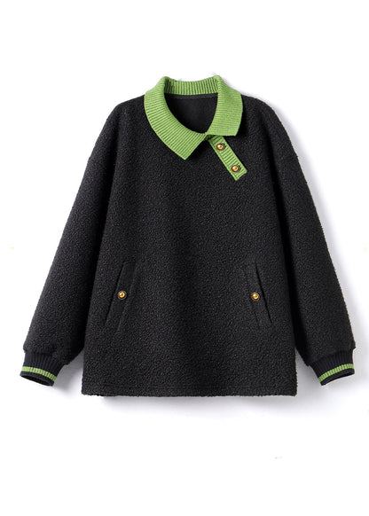 Black Peter Pan Collar Patchwork Teddy Faux Fur Sweatshirts Top Winter
