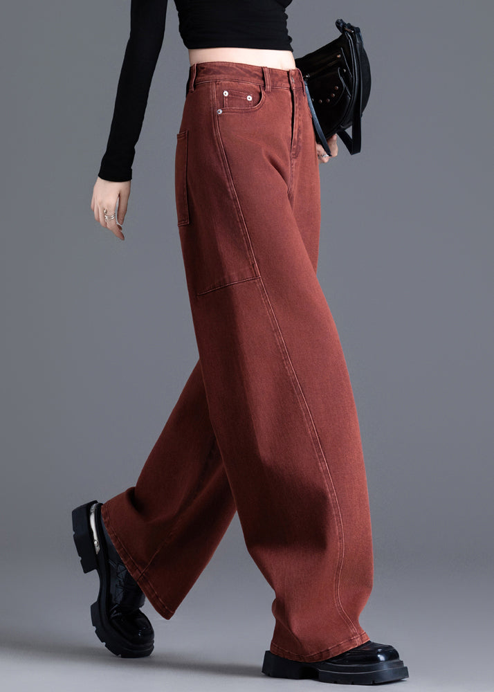 Red Pockets High Waist Denim Wide Leg Pants Spring