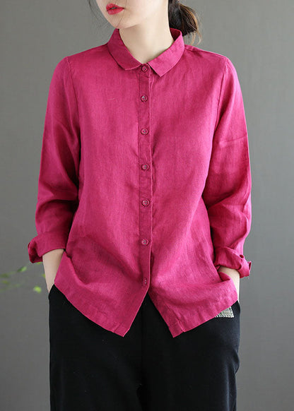 Rose Peter Pan Collar Color Single Breasted Linen Shirt Top Fall