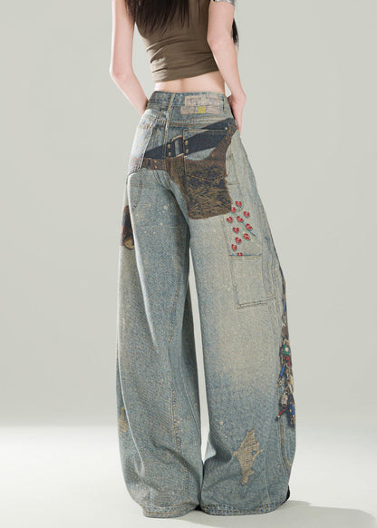 Stylish Blue Pockets Print Denim Wide Leg Pants Fall