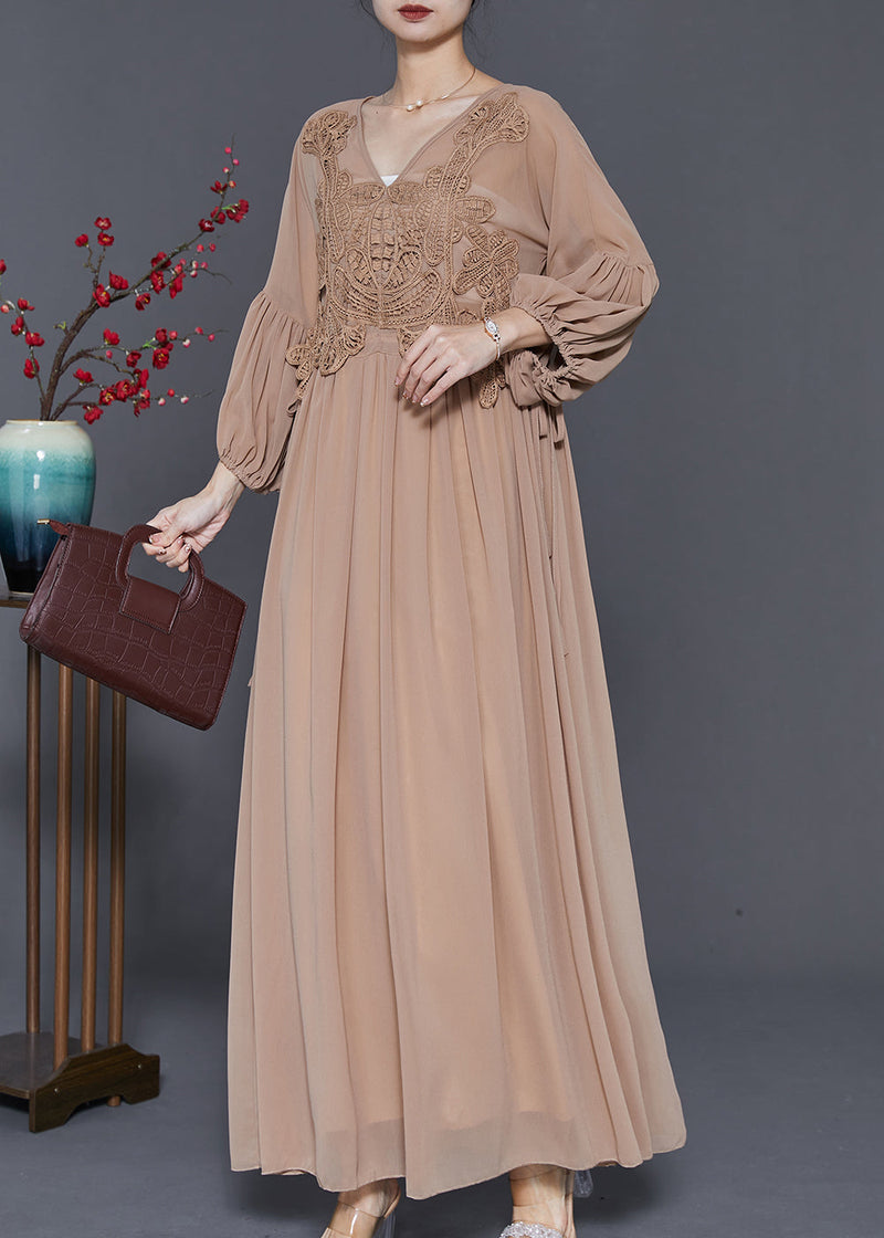 Coffee Lace Patchwork Tie Waist Chiffon Dresses Spring