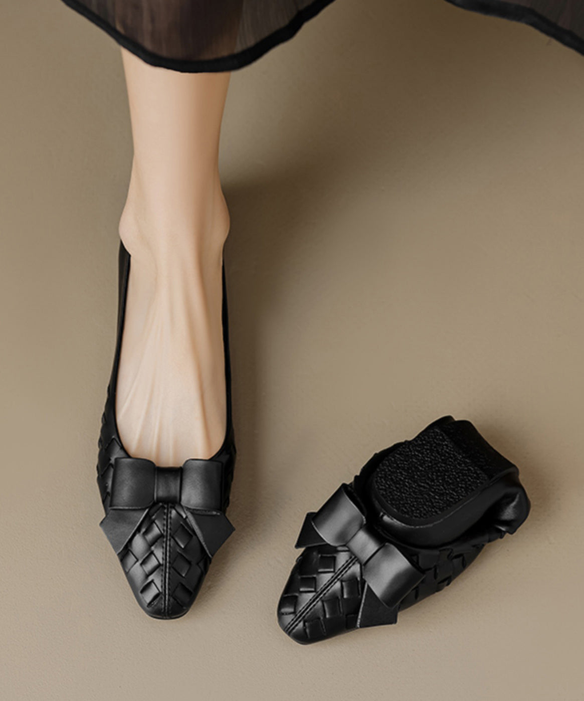 Bow Splicing Soft Comfy Flats Black Sheepskin