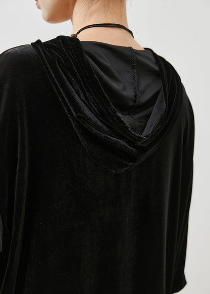 Fine Black Hooded Print Silk Velvet Two Pieces Set Spring