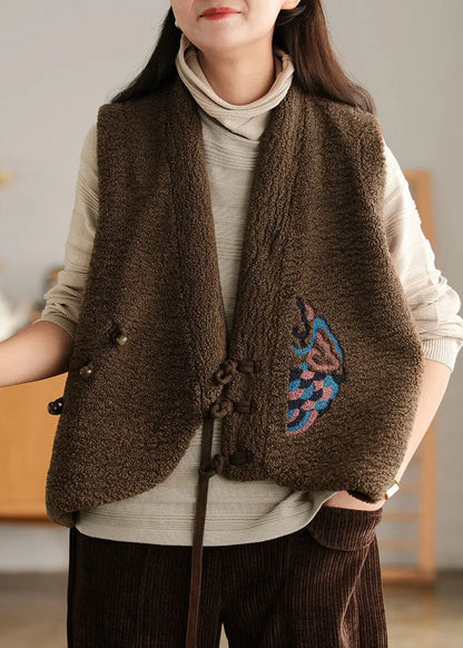 Diy Chocolate Embroideried Asymmetrical Design Faux Fur Vest Sleeveless