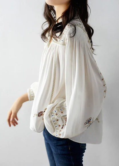 White Embroideried Chiffon Blouse Tops Long Sleeve