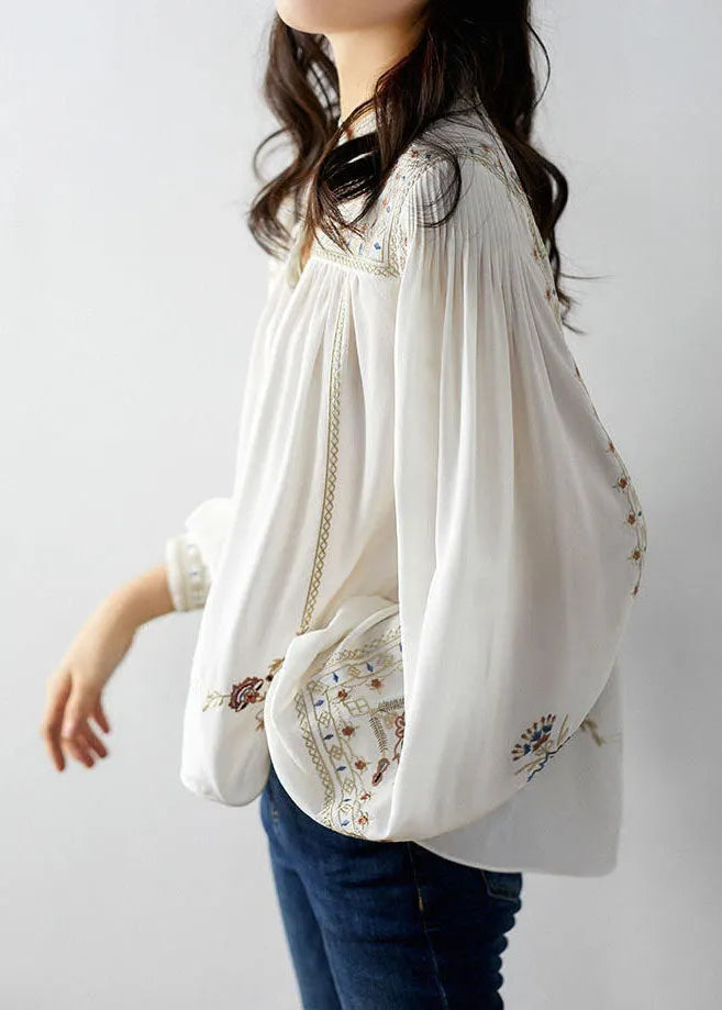 White Embroideried Chiffon Blouse Tops Long Sleeve