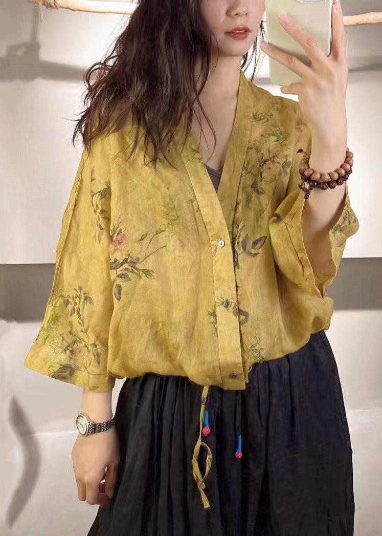 Yellow Print Button Laceup Linen Blouse Tops Fall