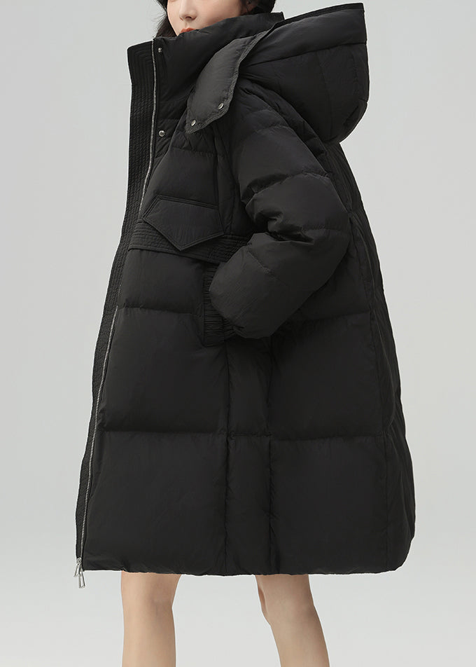 Black Zippered Pockets Patchwork Duck Down Coat Winter