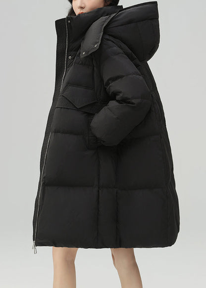 Black Zippered Pockets Patchwork Duck Down Coat Winter