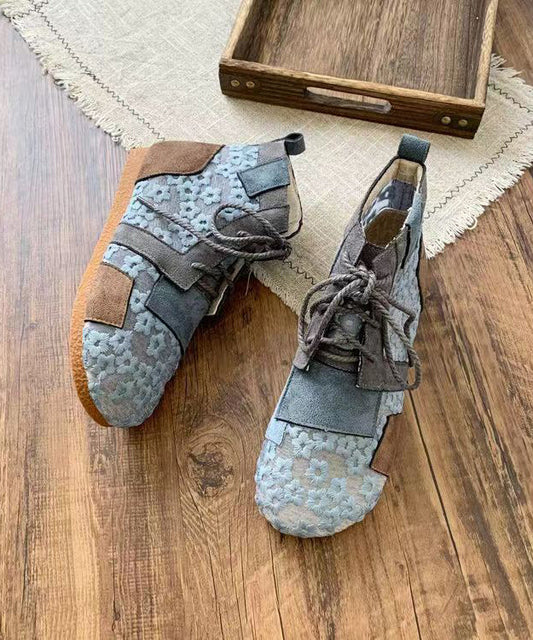 Retro Grey Flat Boots Splicing Lace Up Hollow Out Soofairy Shoes-20251