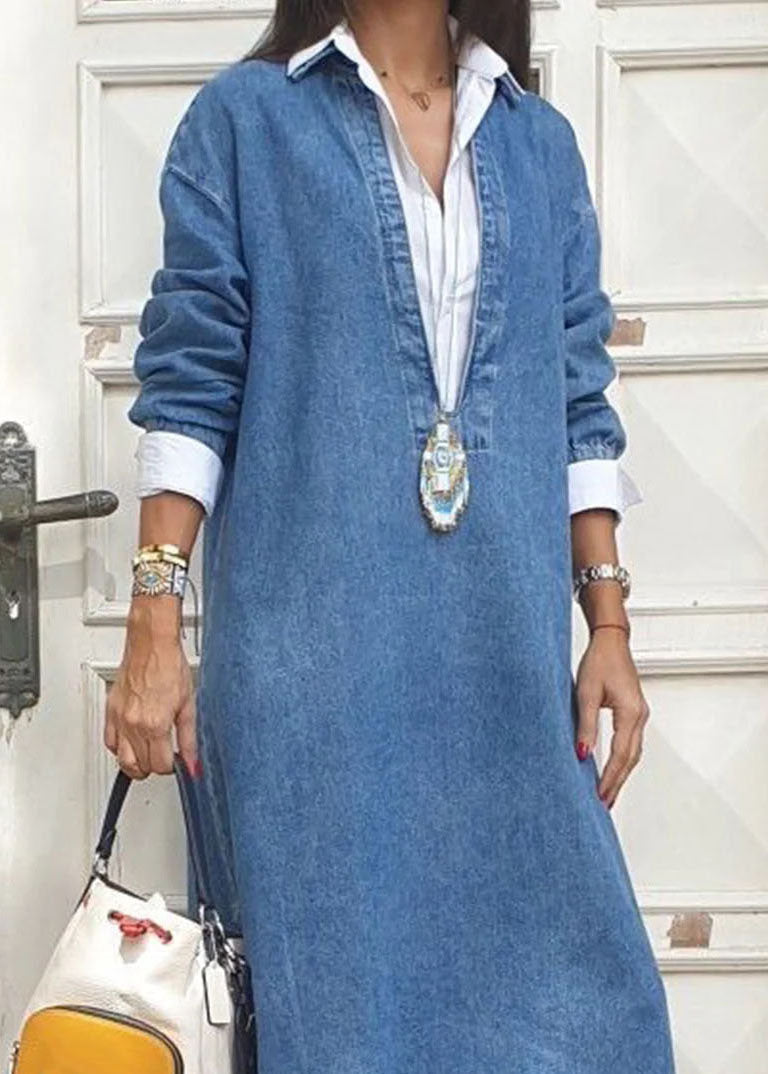 Blue Peter Pan Collar False Two Pieces Patchwork Denim Dresses Long Sleeve Fall