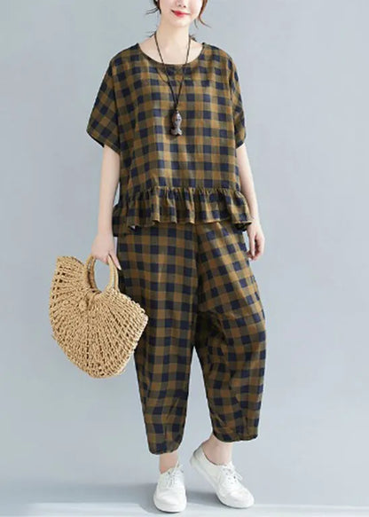 Loose Army Green O-neck Ruffles Plaid Two Pieces Set Short Sleeve