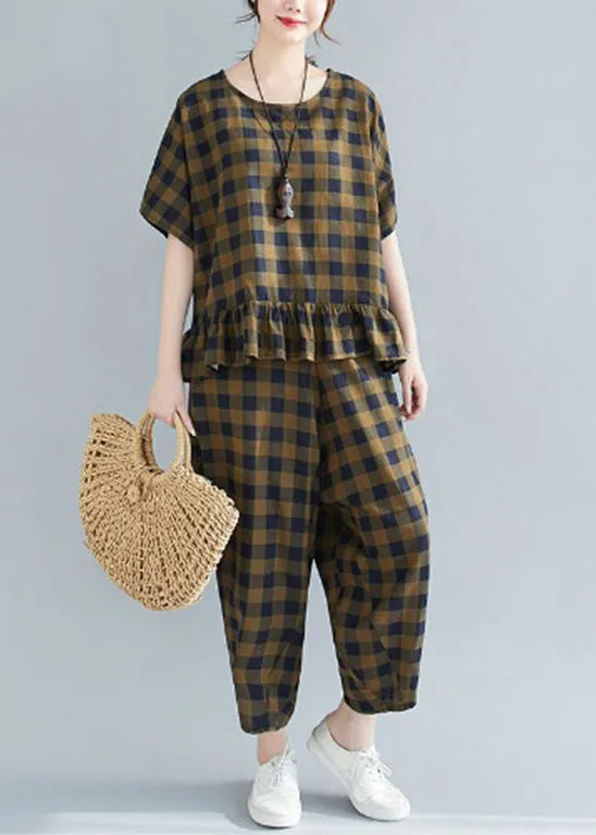 Loose Army Green O-neck Ruffles Plaid Two Pieces Set Short Sleeve