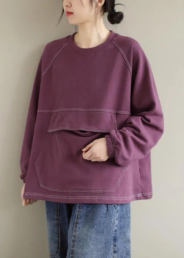 French Purple Tops Blouses O Neck Patchwork Silhouette Spring Blouses