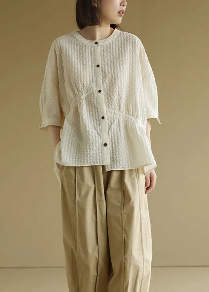 Beige O-neck Oversized Wrinkled Shirt Top Bracelet Sleeve