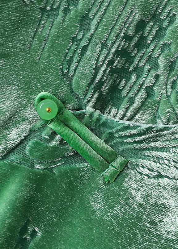 Green Stand Collar Low High Design Silk Velour Tops Long Sleeve