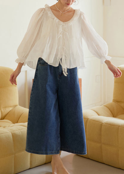 White Ruffled Patchwork Linen Shirts Lantern Sleeve Fall