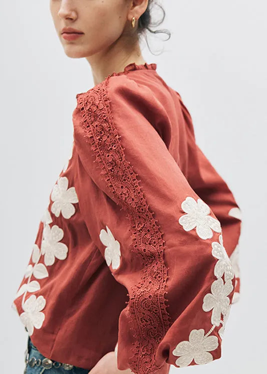 French Red Ruffled Lace Embroidered Cotton Shirt Top Fall